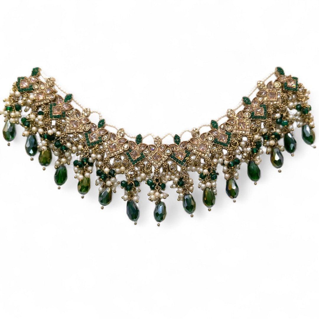Polki  Choker Halskette  mit Ohrringe & Tikka | gold |grün