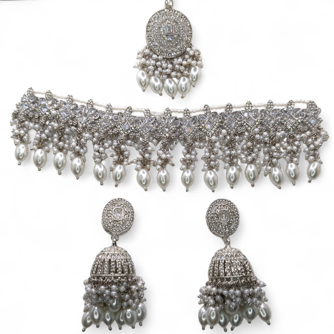 Polki Silver Choker Necklace | with Earrings &amp; Tikka
