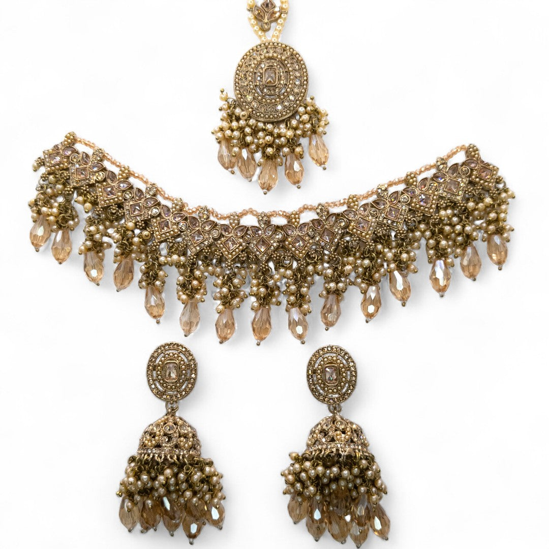 Polki Silver Choker Necklace | with Earrings &amp; Tikka