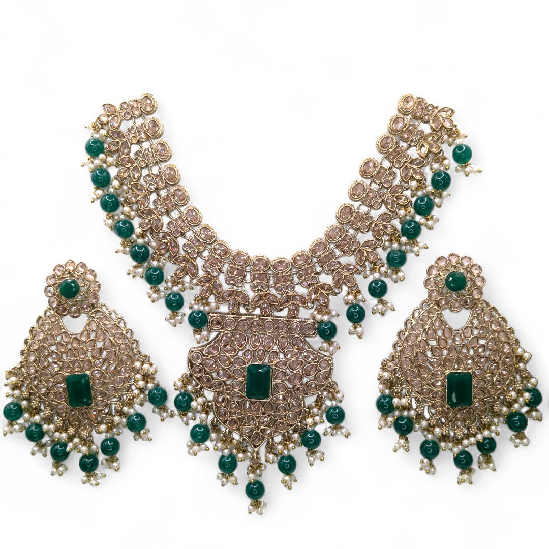 Polki Bridal Necklace with Earrings &amp; Tikka - Silver