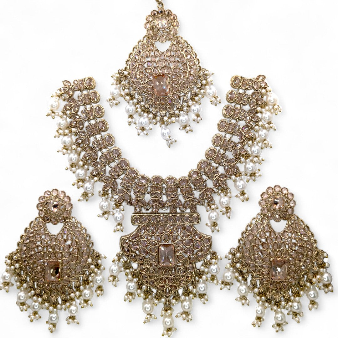 Polki Bridal Necklace with Earrings &amp; Tikka - Silver