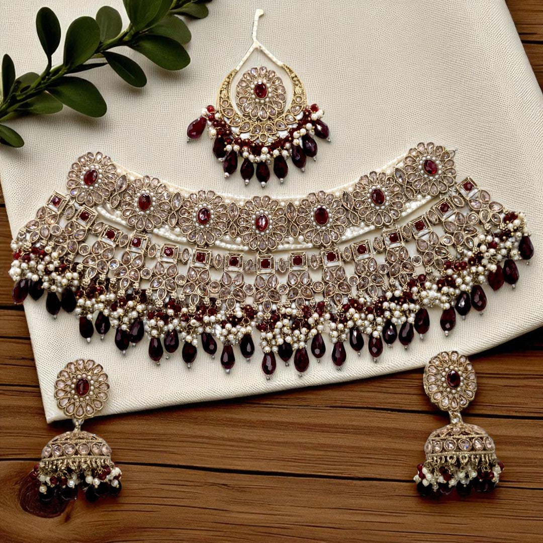 Polki Choker Halskette mit Ohrringe & Tikka - gold | Maroon | Braut