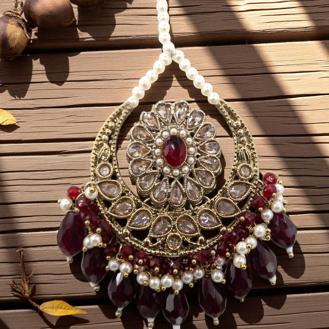 Polki Choker Halskette mit Ohrringe & Tikka - gold | Maroon | Braut