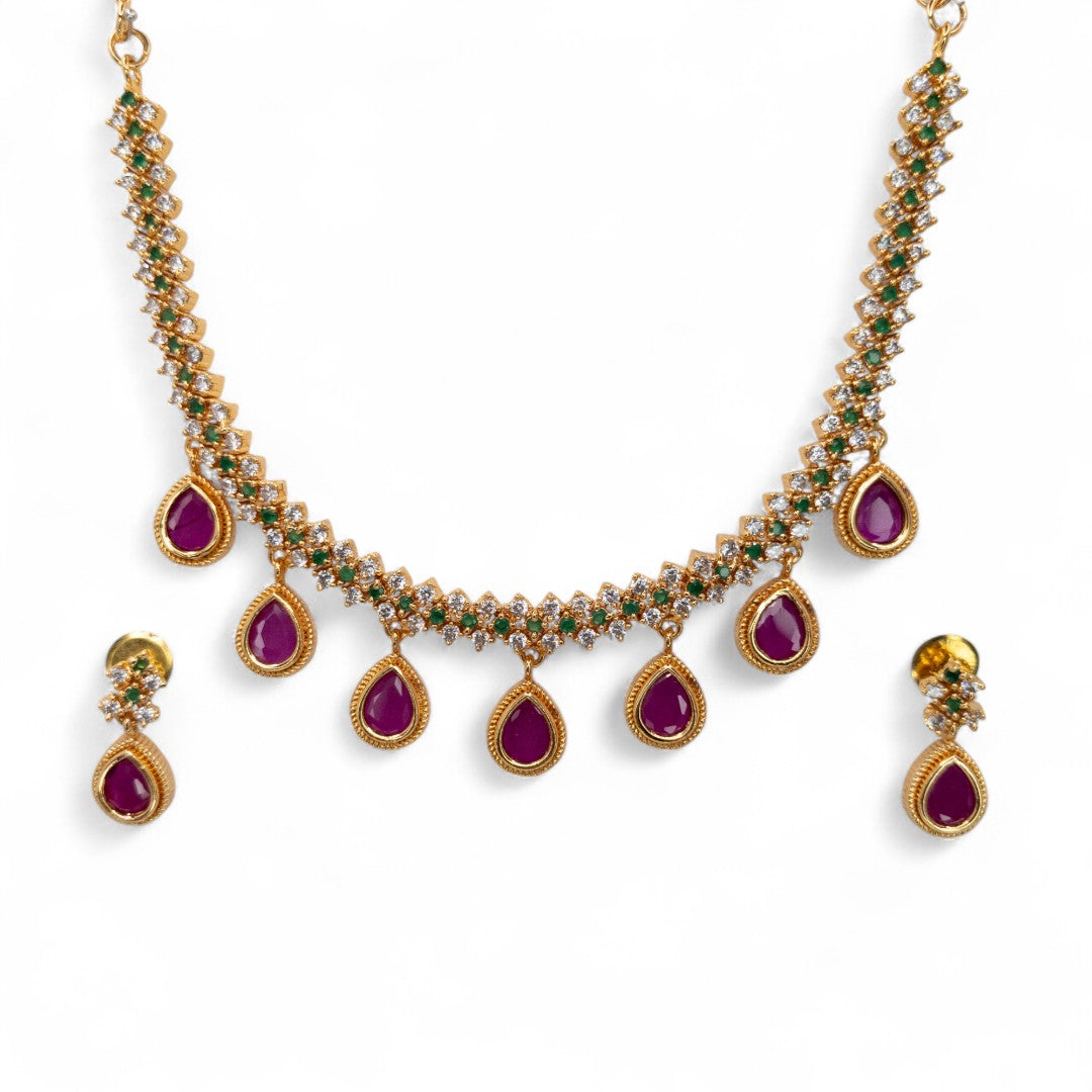 Trendy - Halskette mit Ohrringe - gold | magenta