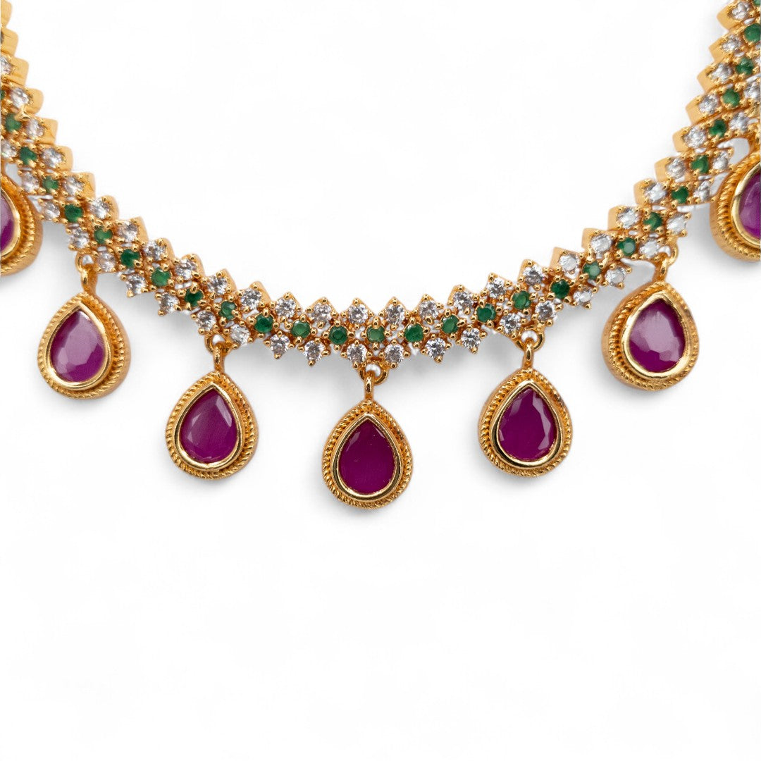Trendy - Halskette mit Ohrringe - gold | magenta