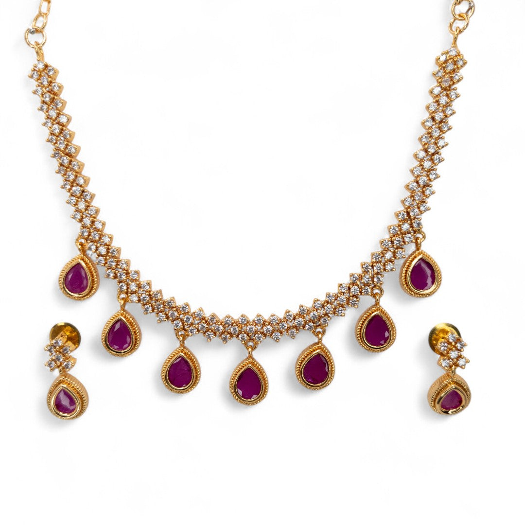 Trendy - Halskette mit Ohrringe - gold | magenta