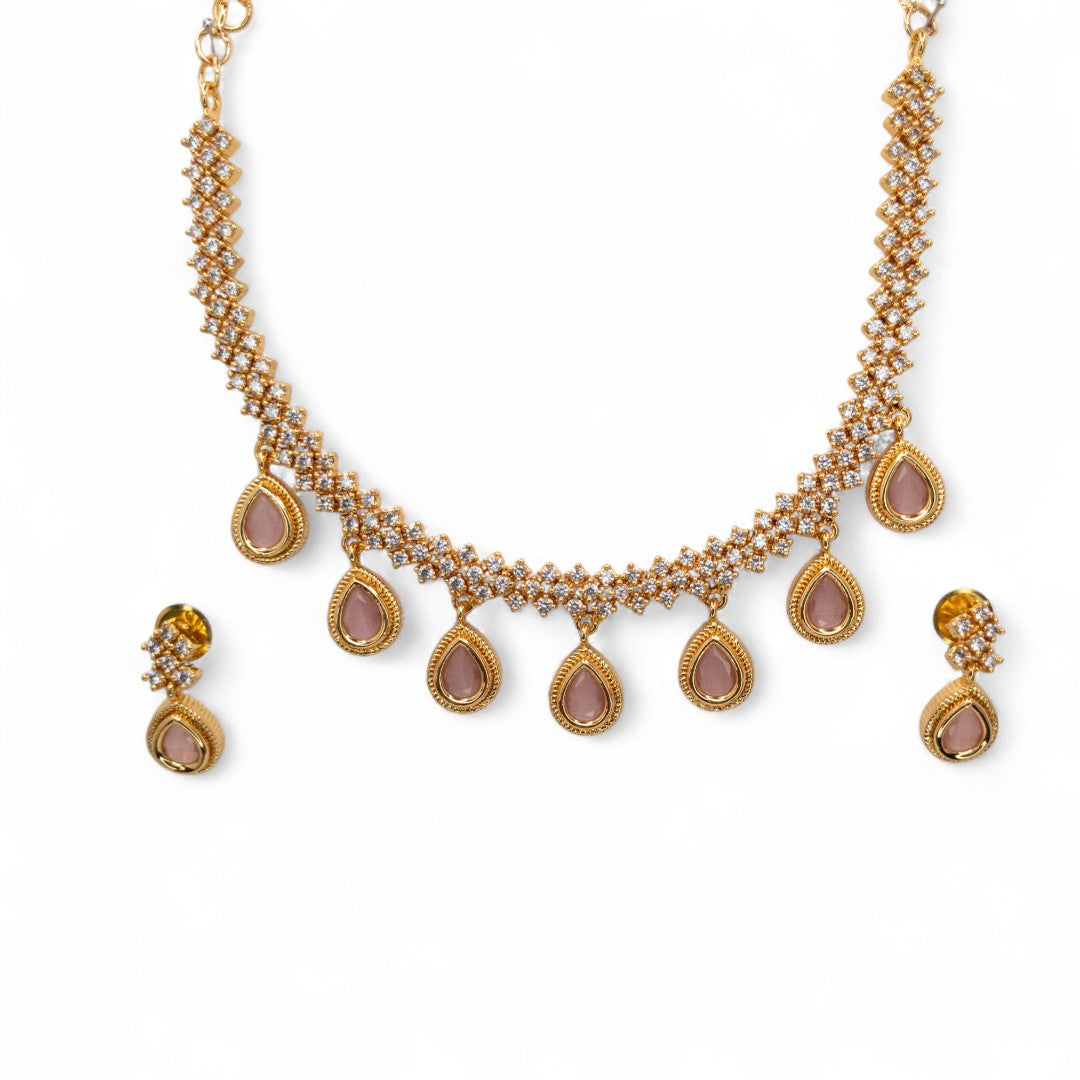 Trendy - Halskette mit Ohrringe - gold | rosa