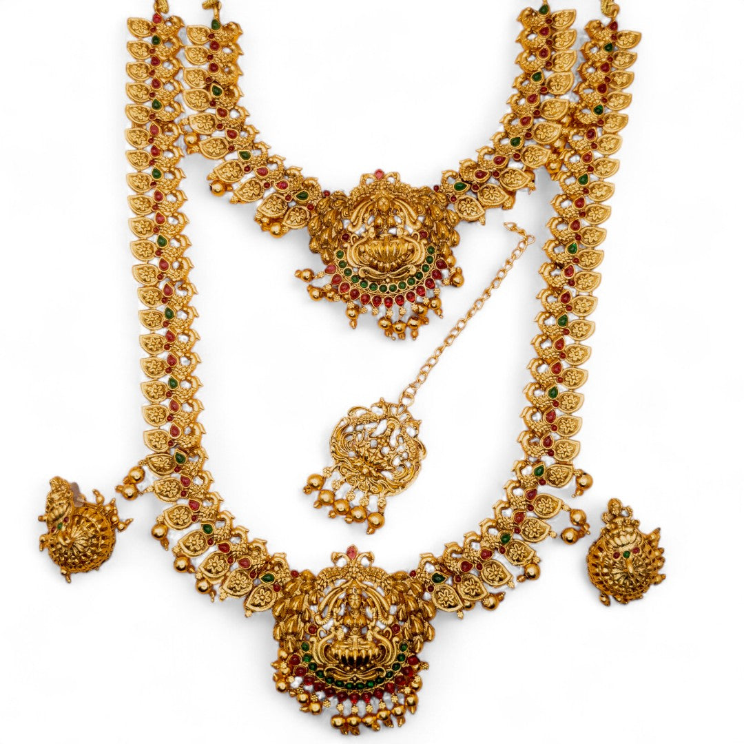 Temple Bridal Necklace, Haram &amp; Earrings - gold | green|Combo Set