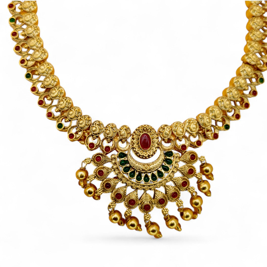 Tempel Halskette lang mit Ohrringe Set - matt gold