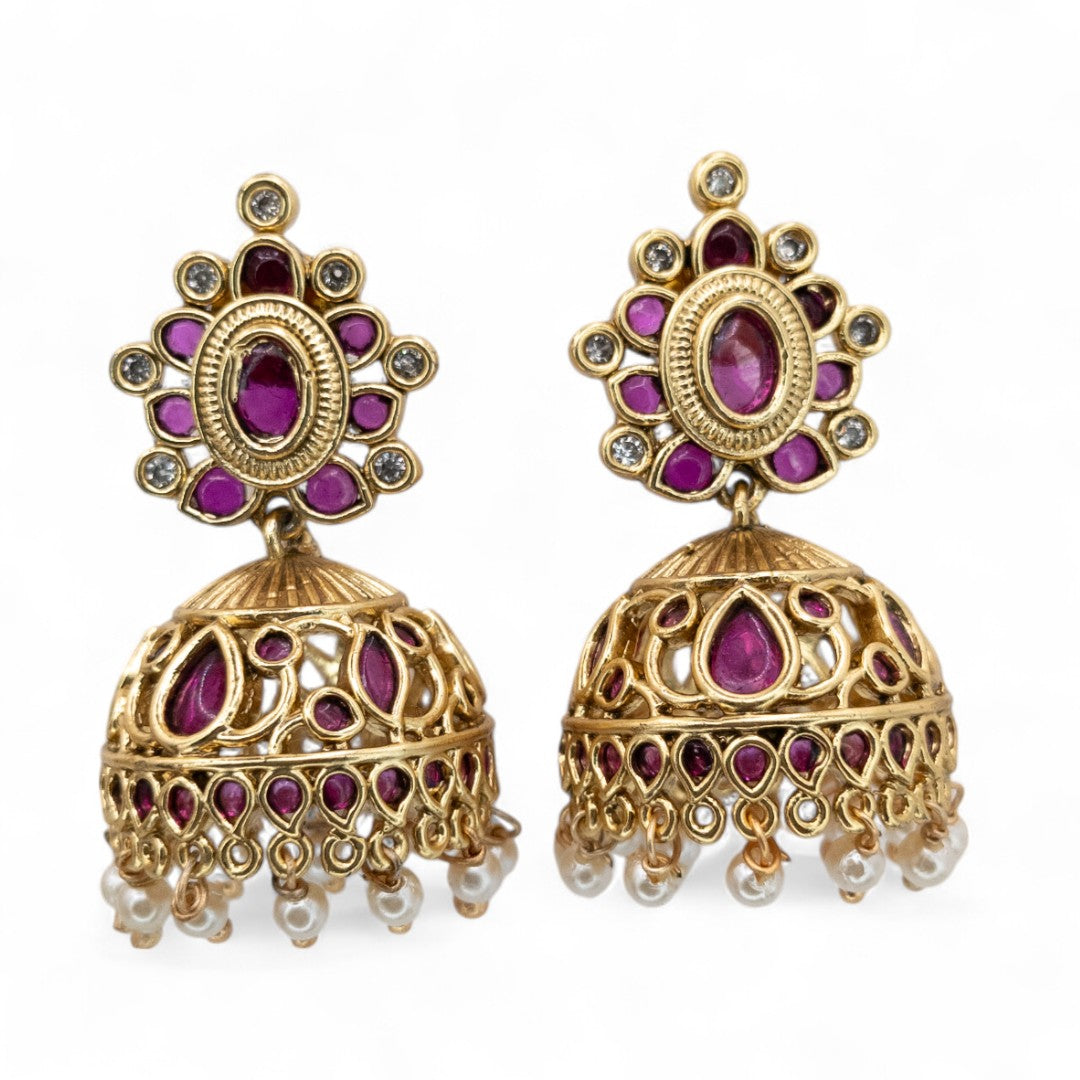 Tempel Halskette mit Ohrringe - gold | magenta  - Kemp steine