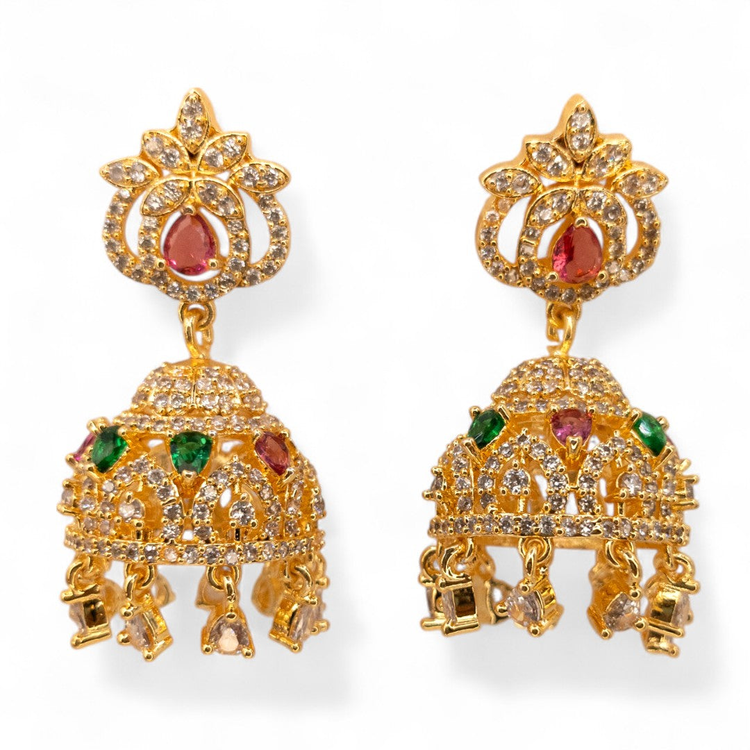 Jumkha Ohrringe - AD steine - Gold | Grün, Magenta