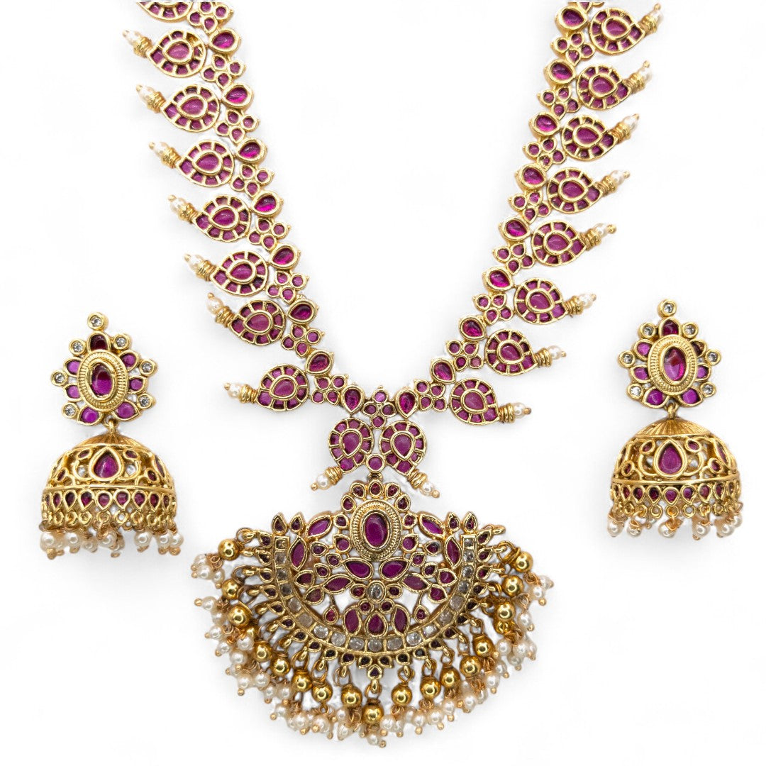 Tempel Halskette mit Ohrringe - gold | magenta  - Kemp steine
