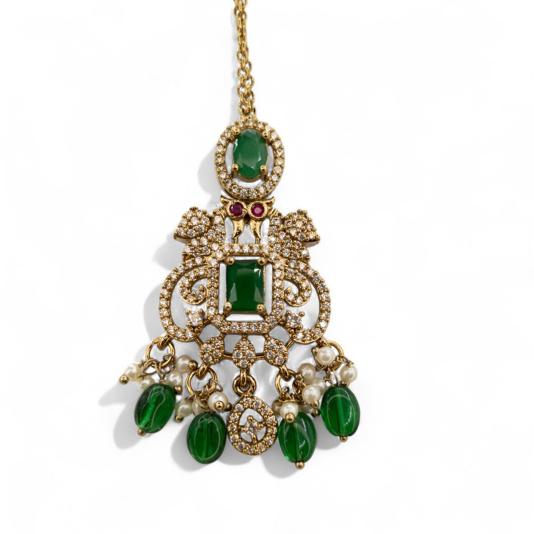 Temple Necklace with Earrings - gold | green