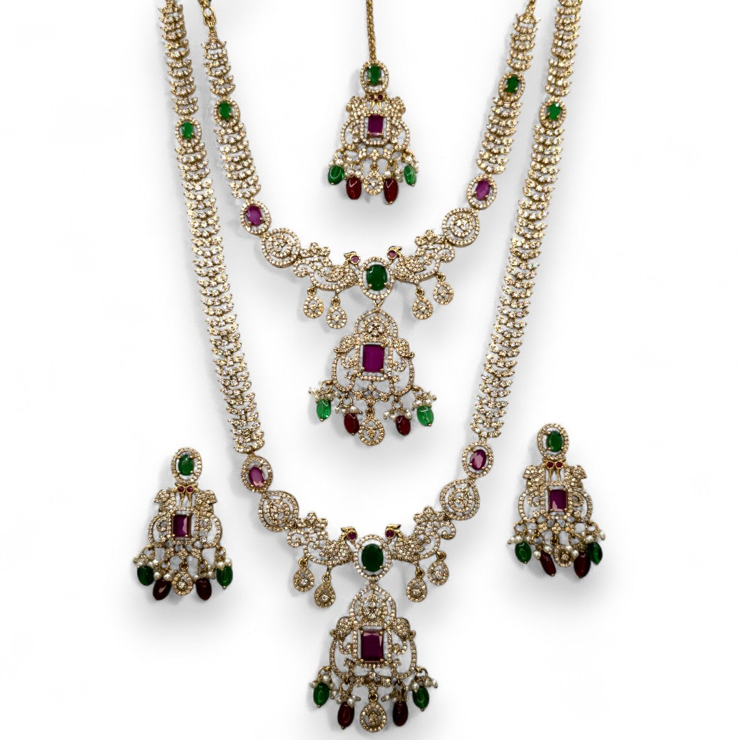 Victorian Halskette mit Lange Kette Ohrringe und Tikka - gold | grün, magenta- Combo set