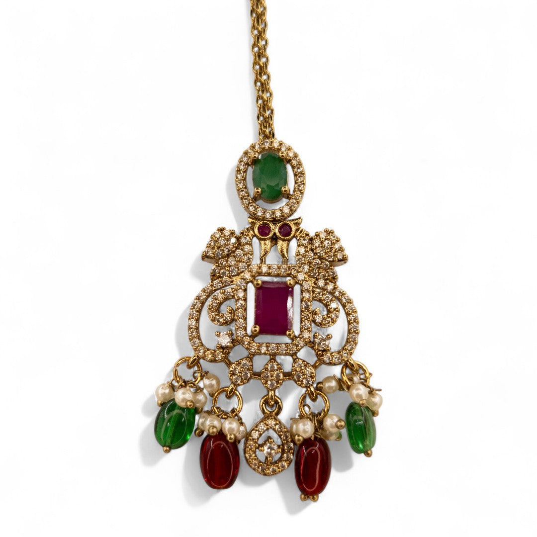 Victorian Halskette mit Lange Kette Ohrringe und Tikka - gold | grün, magenta- Combo set