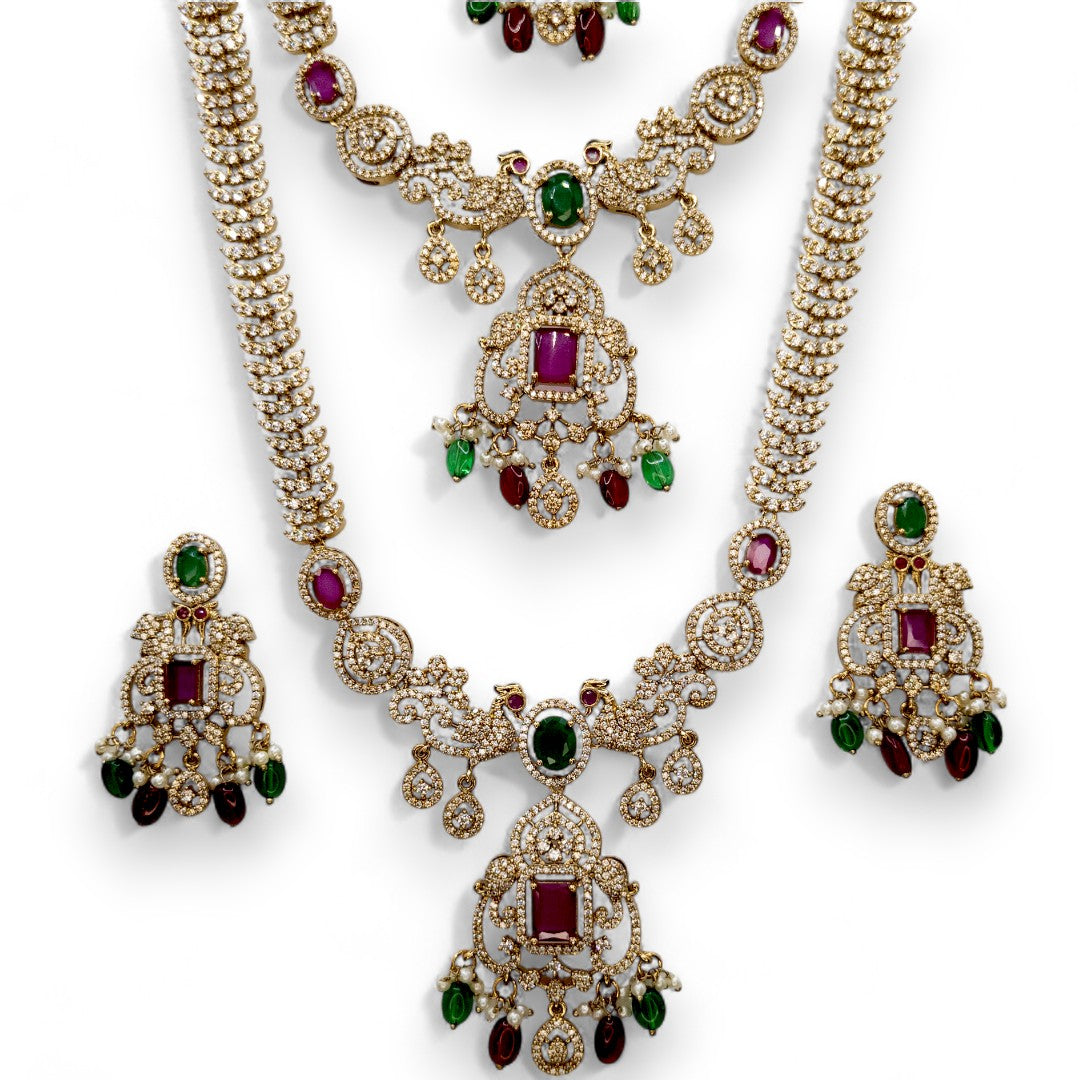 Victorian Halskette mit Lange Kette Ohrringe und Tikka - gold | grün, magenta- Combo set