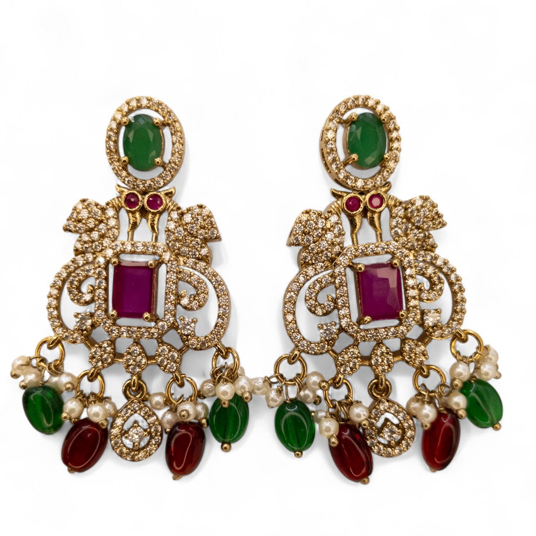 Victorian Halskette mit Lange Kette Ohrringe und Tikka - gold | grün, magenta- Combo set