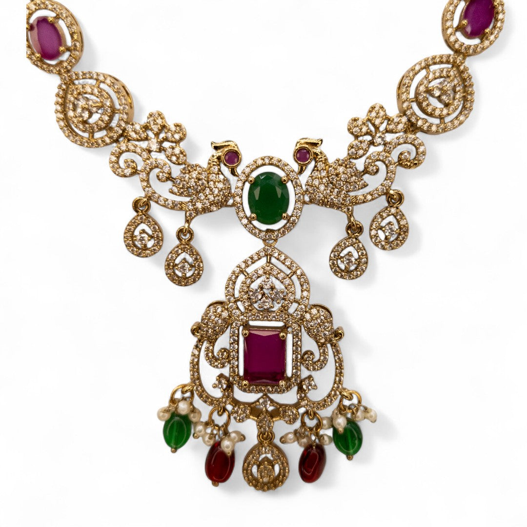 Victorian Halskette mit Lange Kette Ohrringe und Tikka - gold | grün, magenta- Combo set