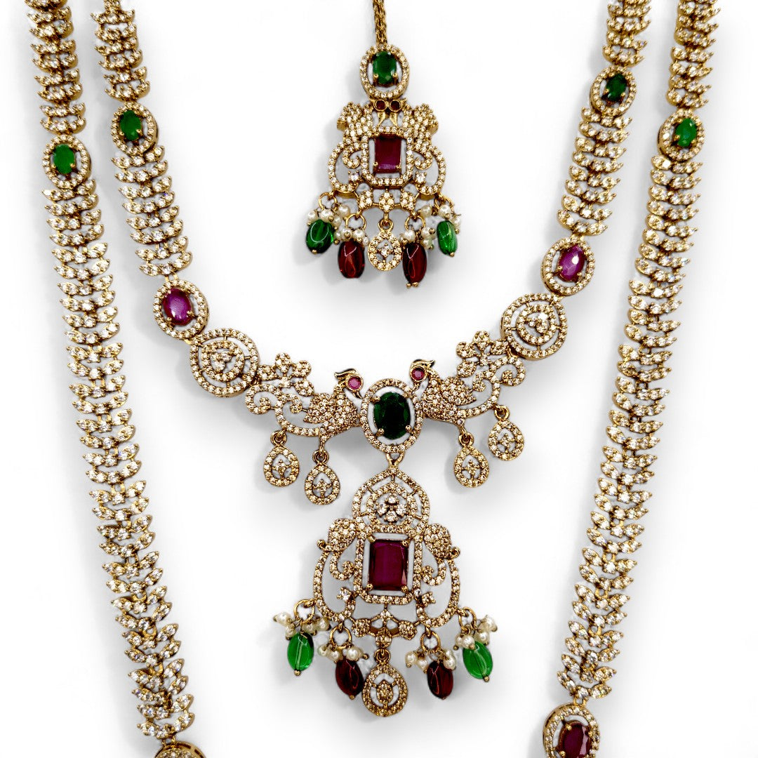 Victorian Halskette mit Lange Kette Ohrringe und Tikka - gold | grün, magenta- Combo set