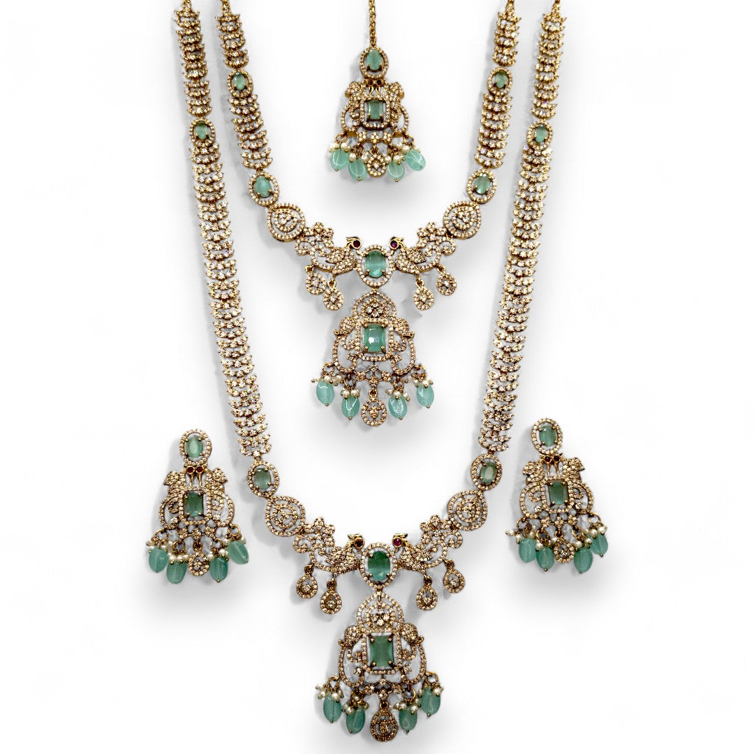 Victorian Halskette mit Lange Kette Ohrringe und Tikka - gold | mint - Combo set