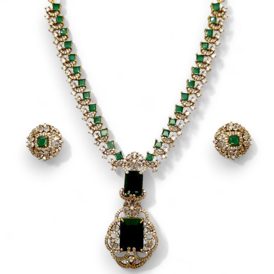 Temple Necklace with Earrings - gold | green