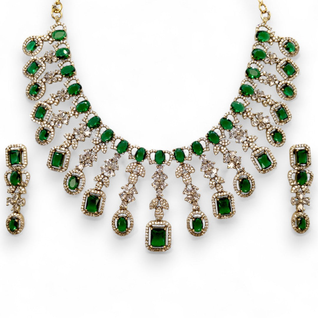 Temple Necklace with Earrings - gold | green