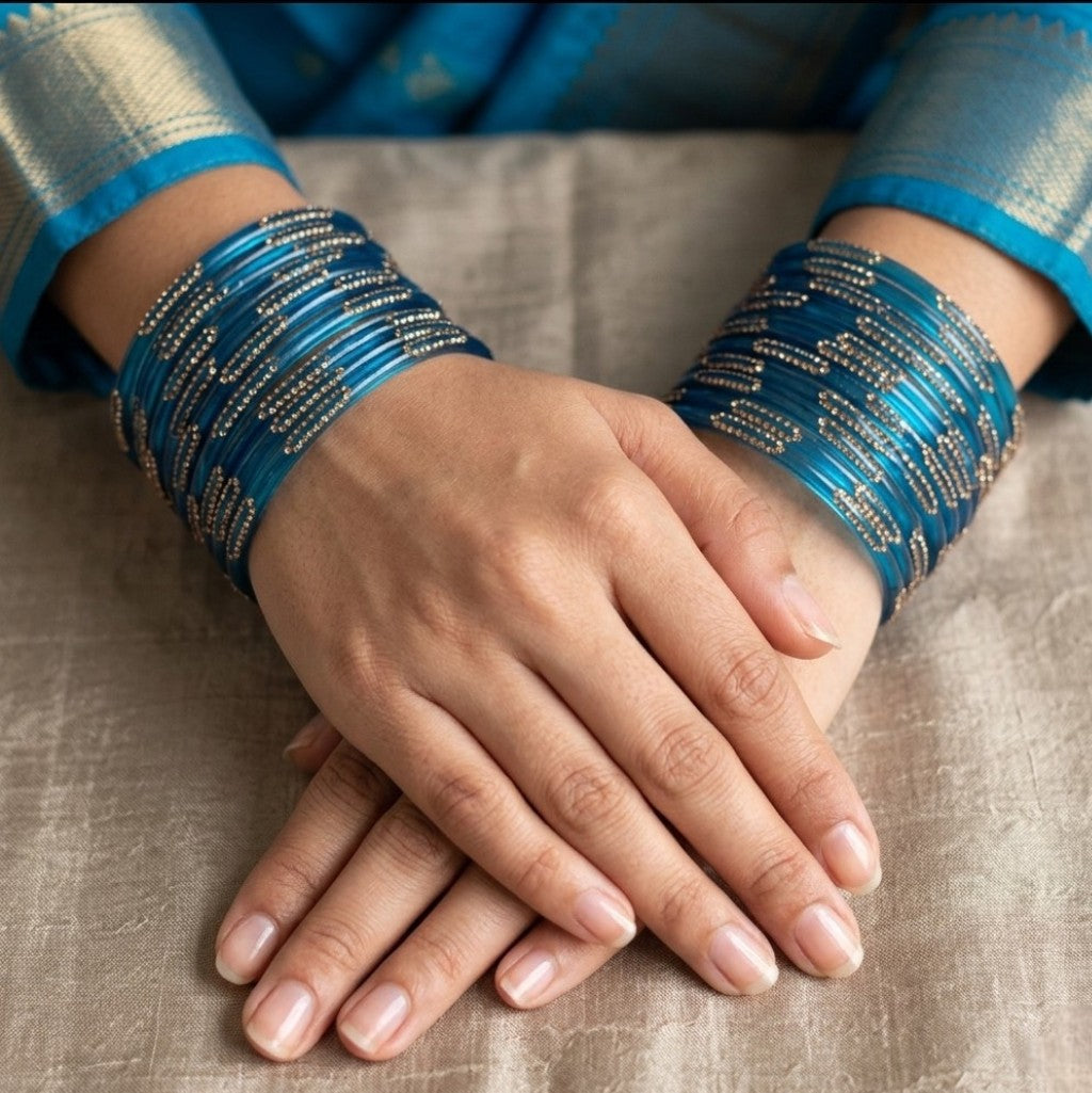 Rain Drop Glass Bangles – Set of 12 - Dark Blue