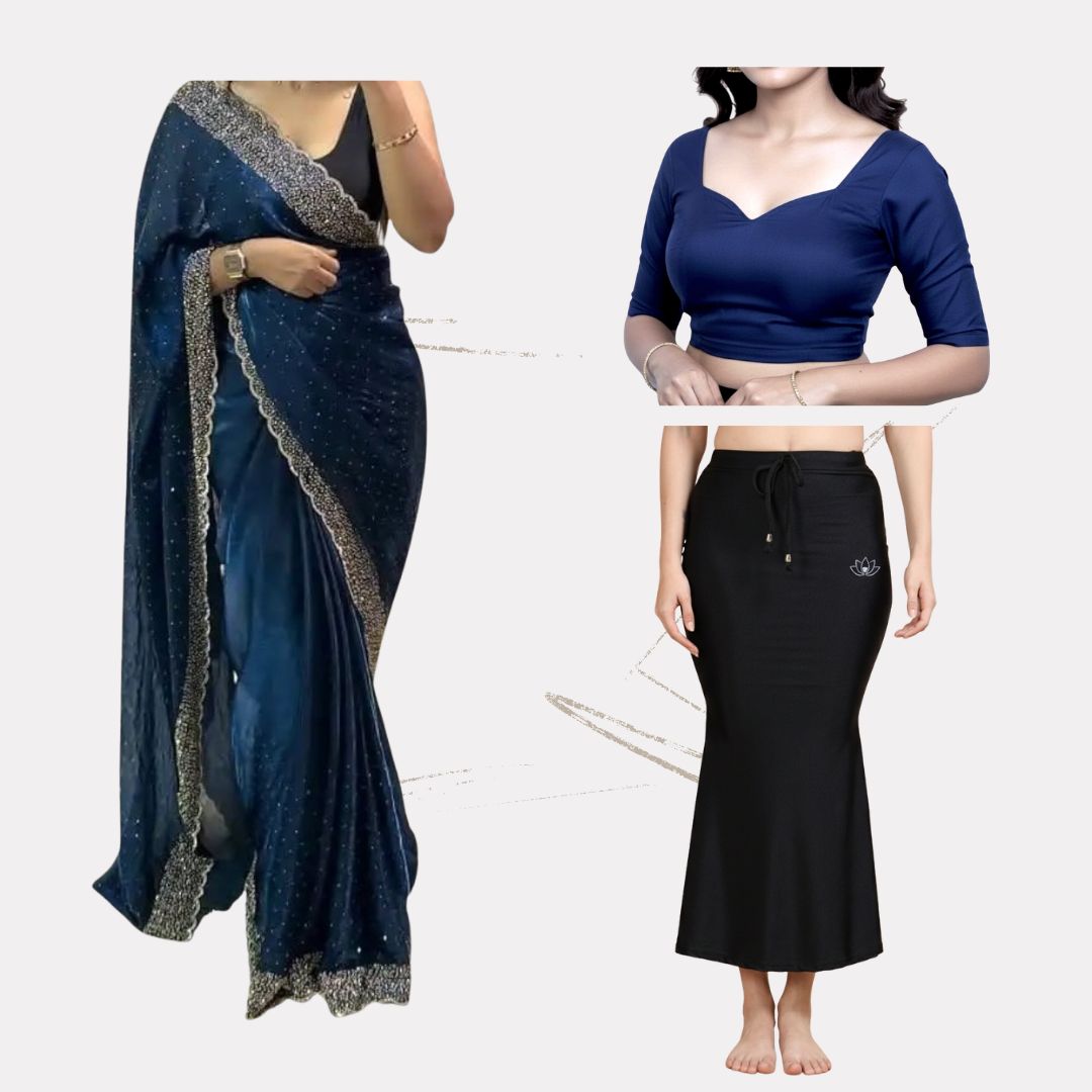 Alles-in-einem Saree Set  | Dunkel Blau – Space Silk Saree + Blouse + Shapewear