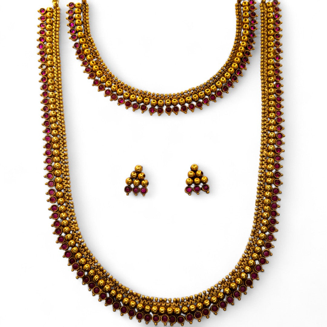 Hals- und Lange Kette mit Ohrringe Set - Mattgold, Magenta | Combo Set