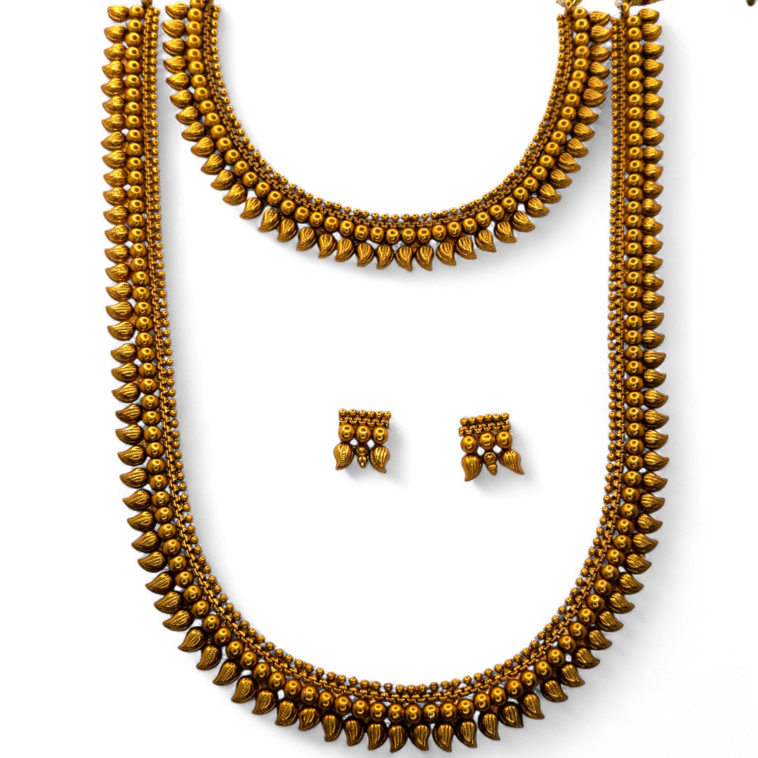 Hals- und Lange Kette mit Ohrringe Set - Mattgold | Combo Set