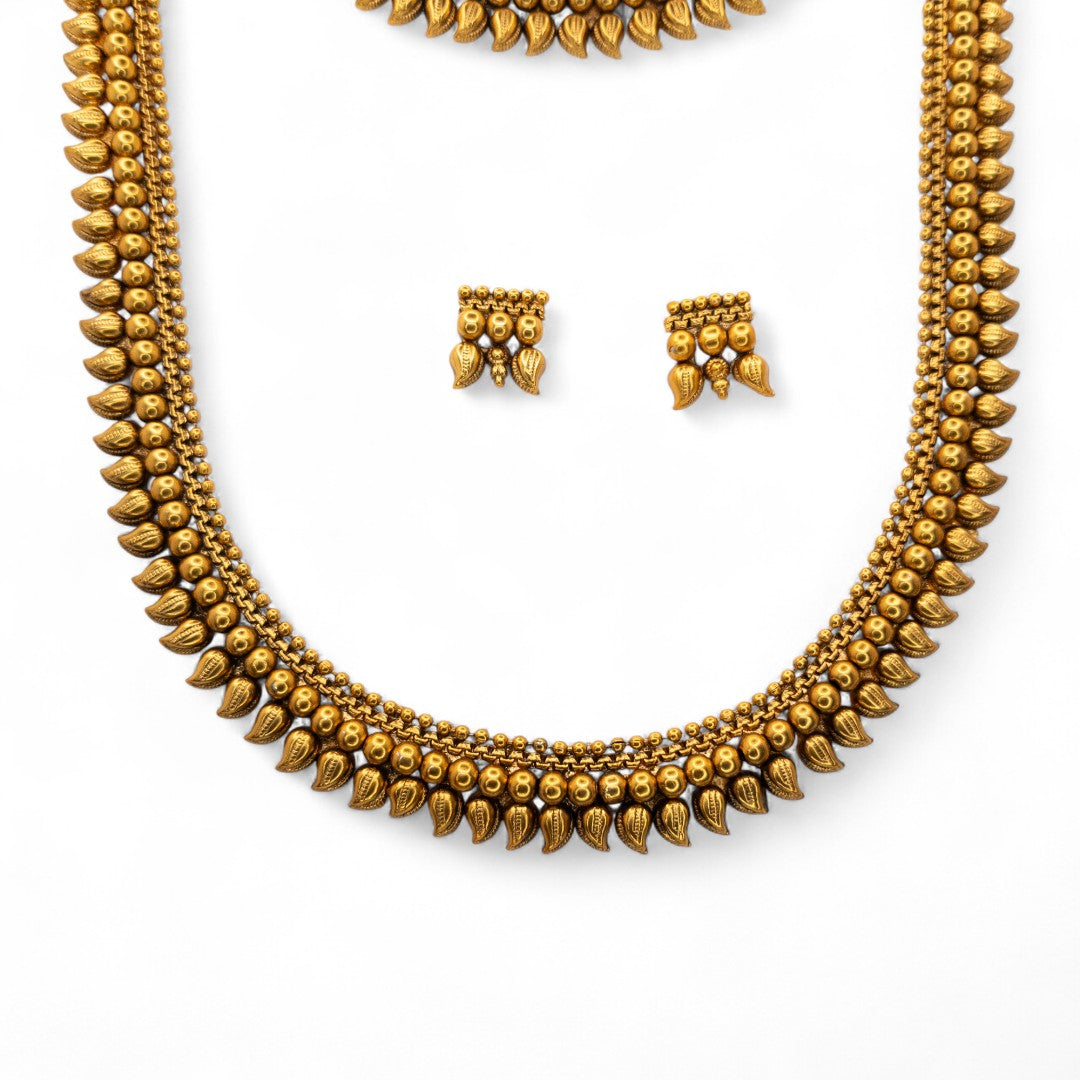 Hals- und Lange Kette mit Ohrringe Set - Mattgold | Combo Set