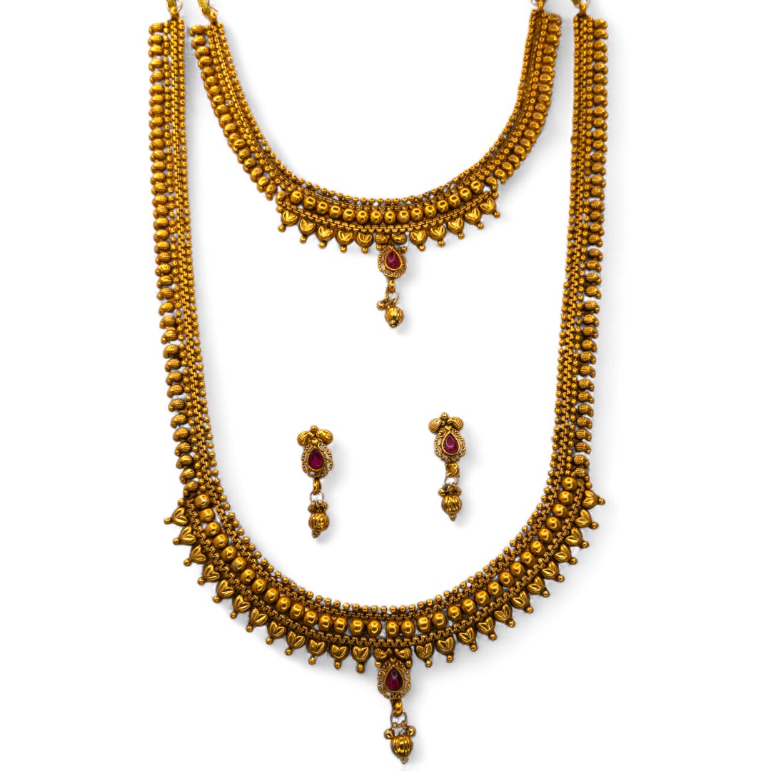 Hals- und Lange Kette mit Ohrringe Set - Mattgold | Combo Set