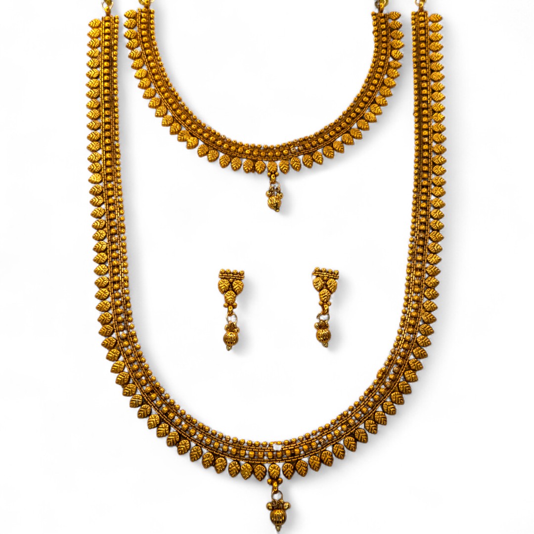 Hals- und Lange Kette mit Ohrringe Set - Mattgold | Combo Set
