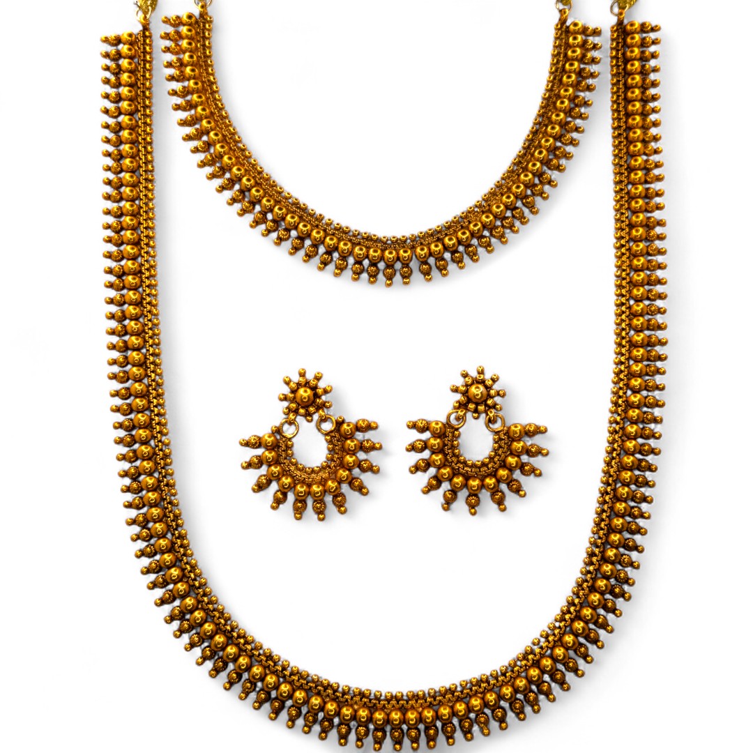 Hals- und Lange Kette mit Ohrringe Set - Mattgold | Combo Set