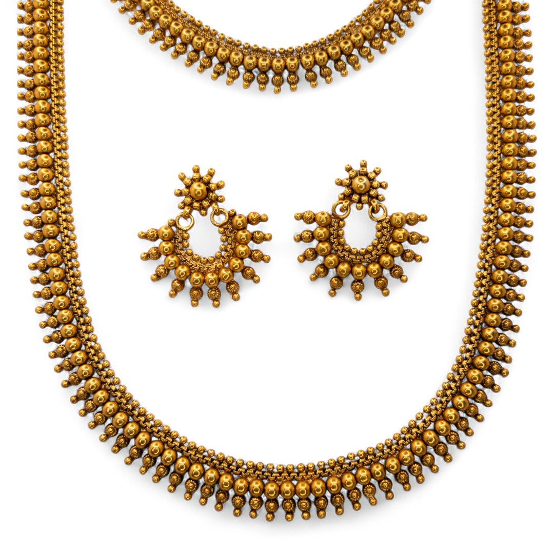 Hals- und Lange Kette mit Ohrringe Set - Mattgold | Combo Set