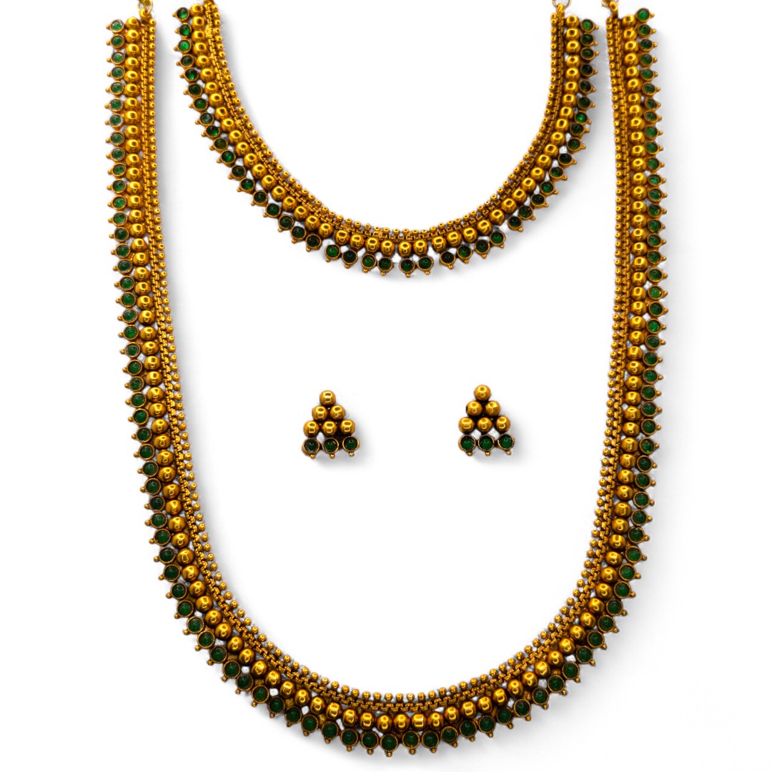Hals- und Lange Kette mit Ohrringe Set - Mattgold, grün | Combo Set
