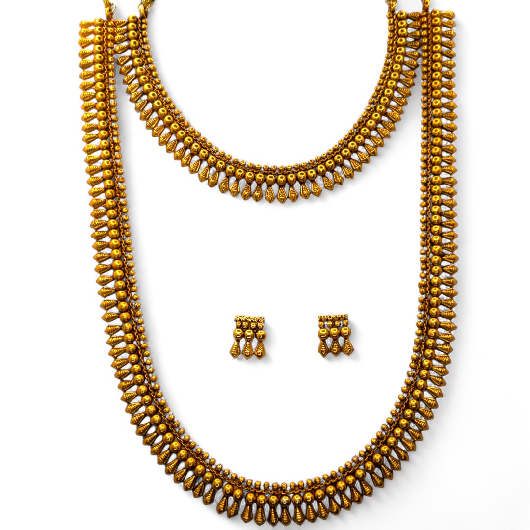 Hals- und Lange Kette mit Ohrringe Set - Mattgold | Combo Set