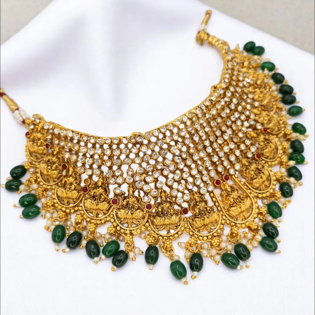 Tempel Choker Halskette mit Ohrringe - Grün