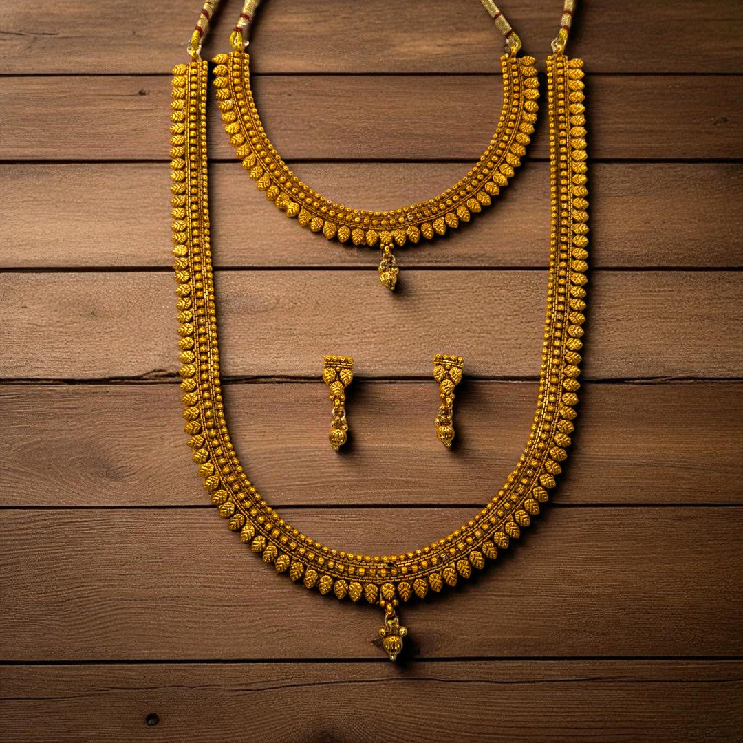 Hals- und Lange Kette mit Ohrringe Set - Mattgold | Combo Set
