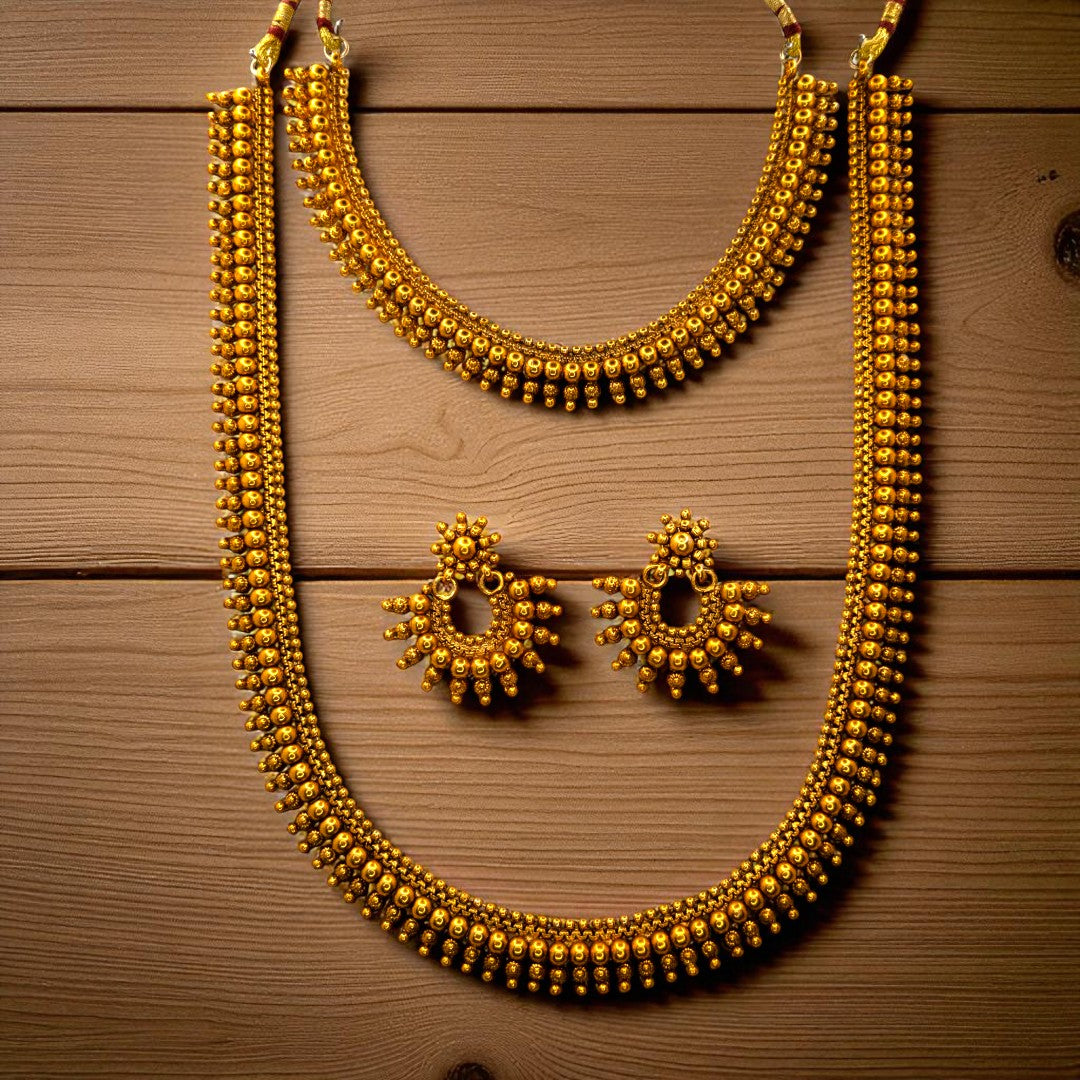 Hals- und Lange Kette mit Ohrringe Set - Mattgold | Combo Set