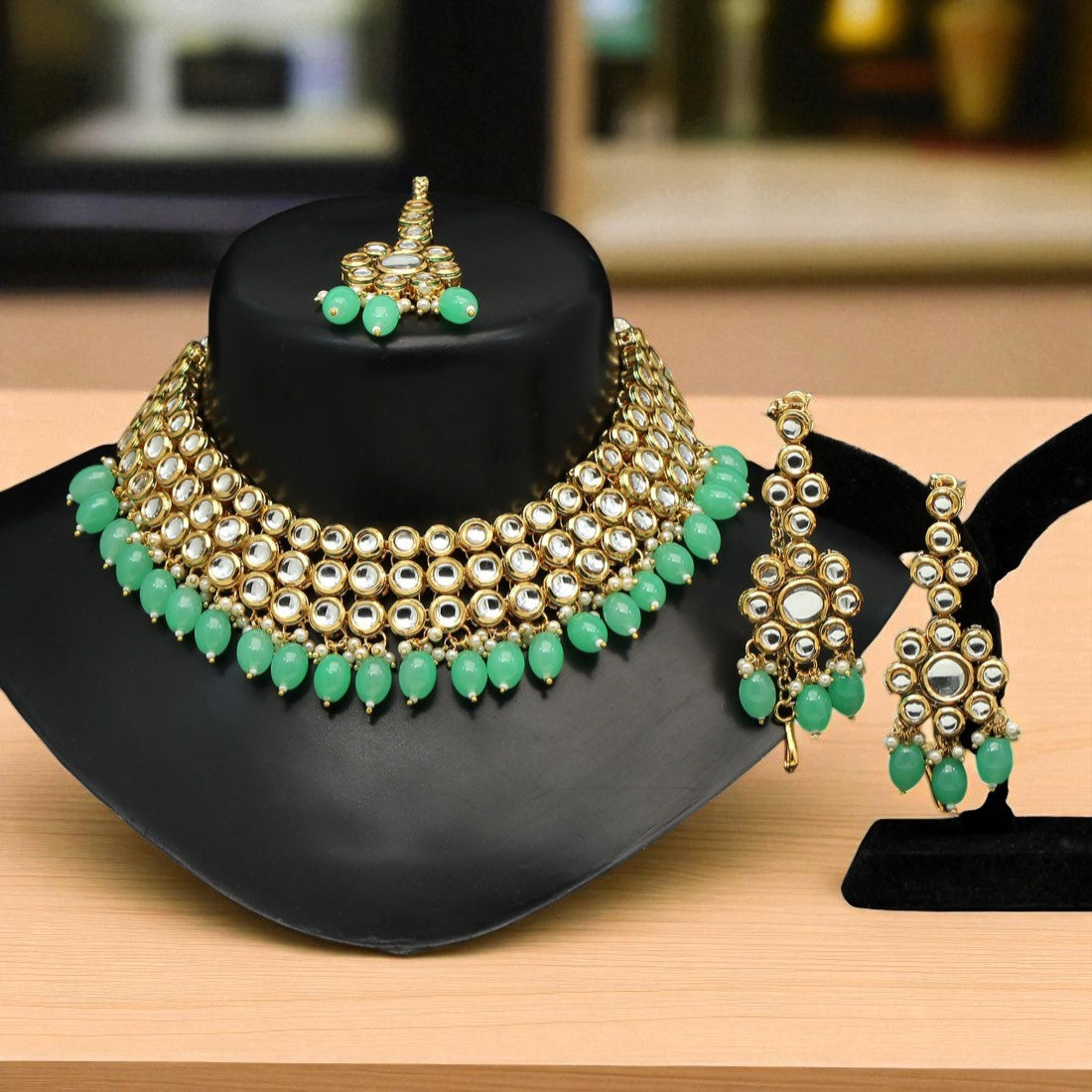 Kundan Necklace with Earrings &amp; Tikka - gold | Red