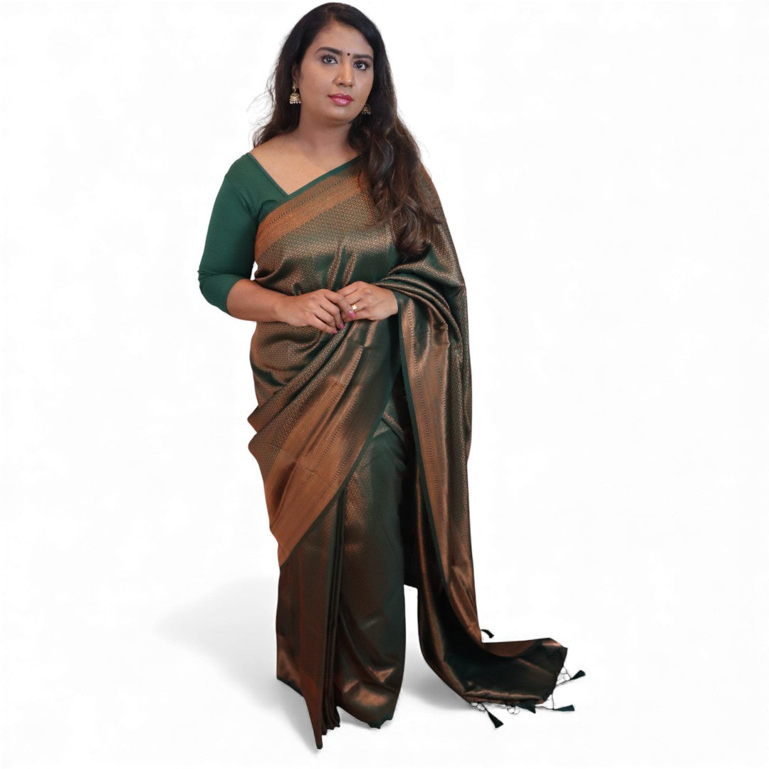Soft Silk Saree – Hochwertige Handloom-Seide | Premium Weiche Seide Sari | dunkel grün