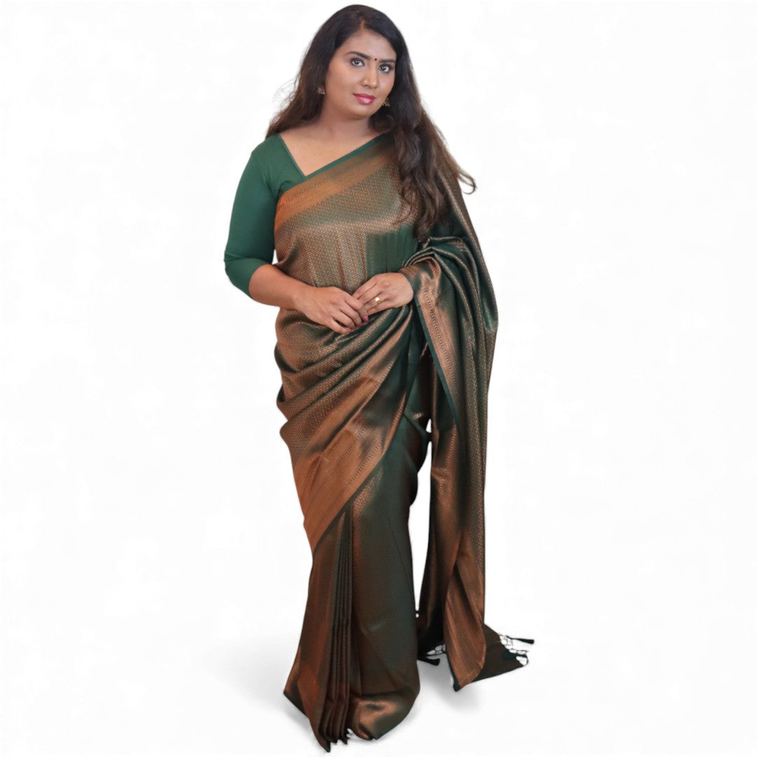 Soft Silk Saree – Hochwertige Handloom-Seide | Premium Weiche Seide Sari | dunkel grün