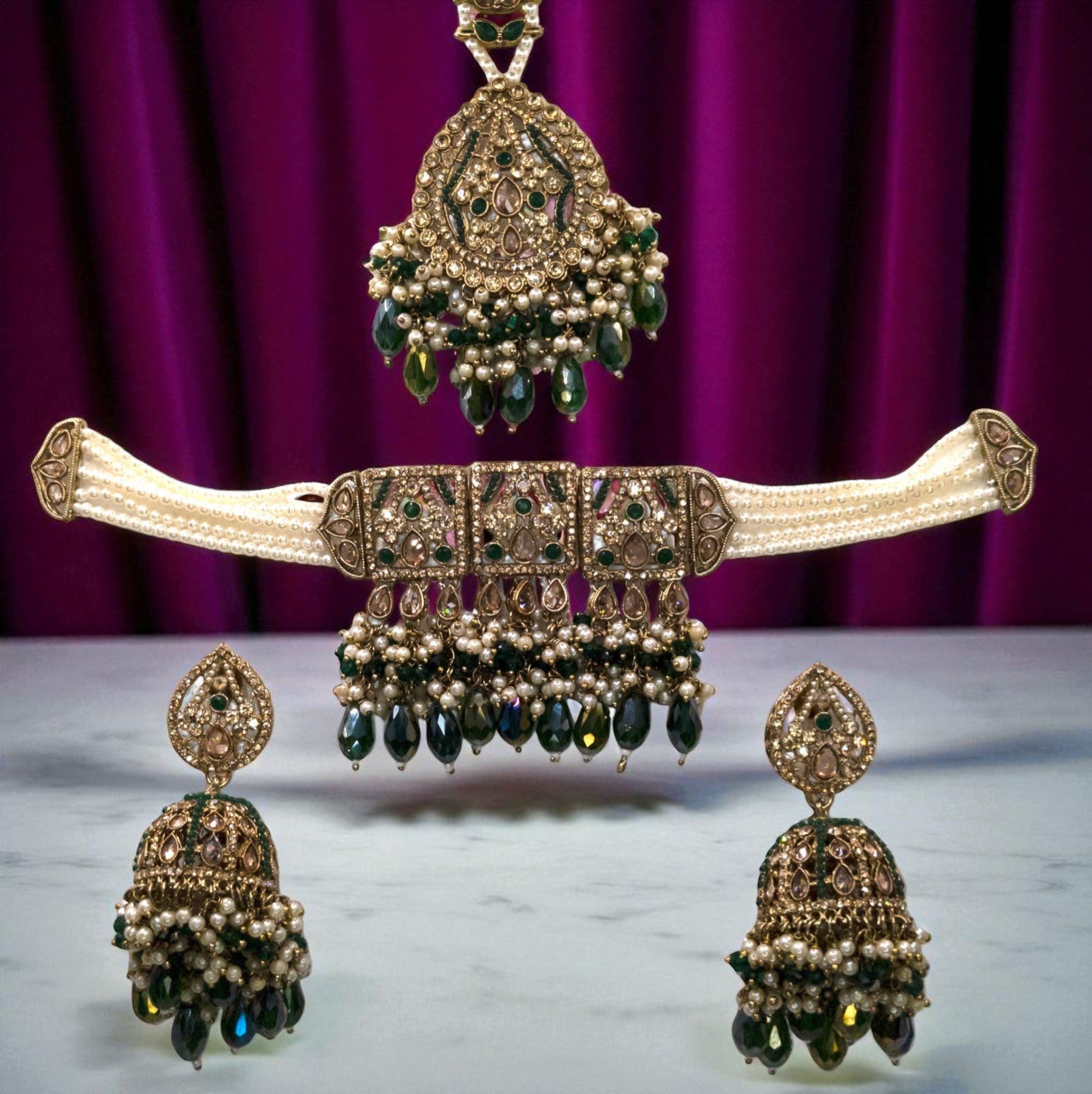 Polki Silver Choker Necklace | with Earrings &amp; Tikka