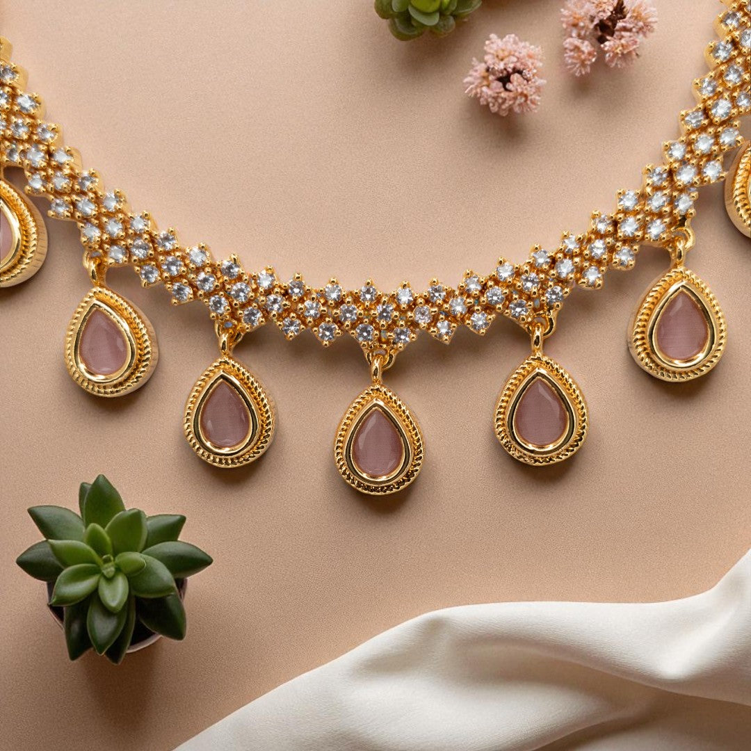 Trendy - Halskette mit Ohrringe - gold | rosa
