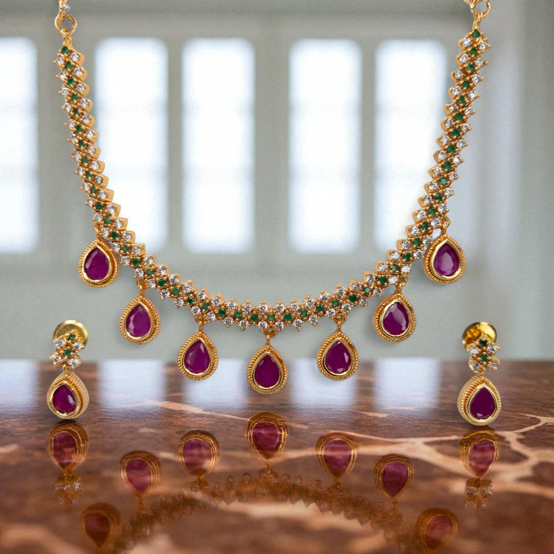Trendy - Halskette mit Ohrringe - gold | magenta