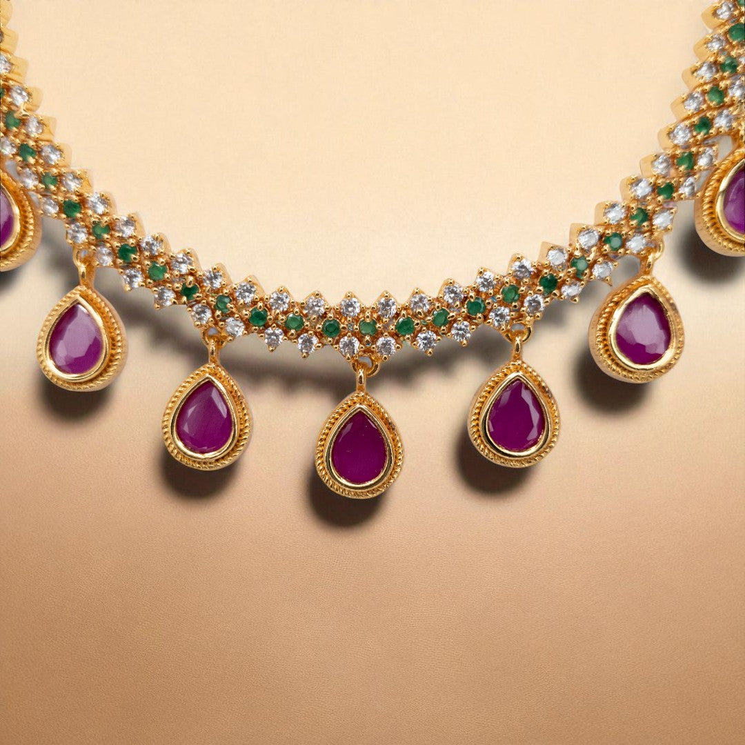 Trendy - Halskette mit Ohrringe - gold | magenta