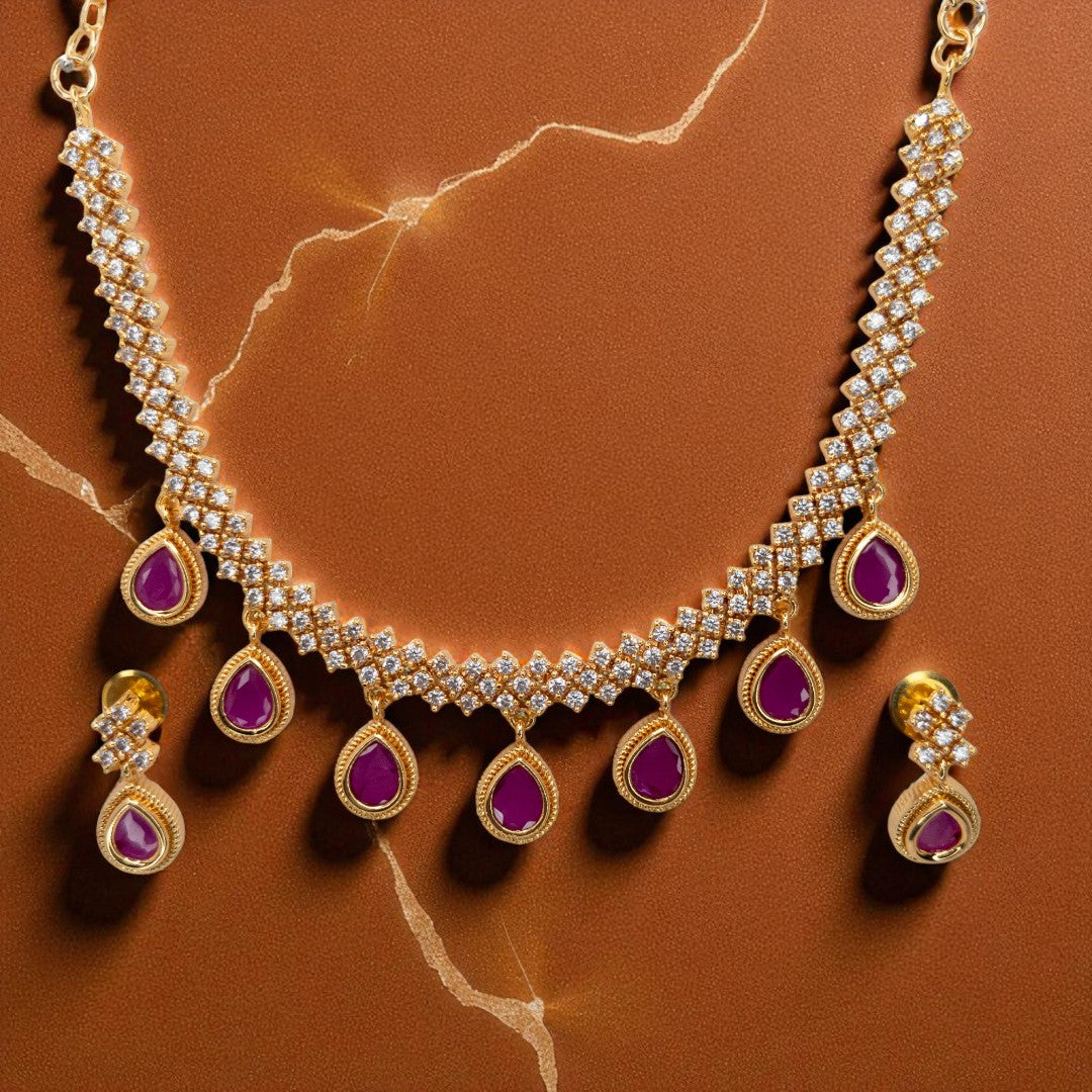 Trendy - Halskette mit Ohrringe - gold | magenta