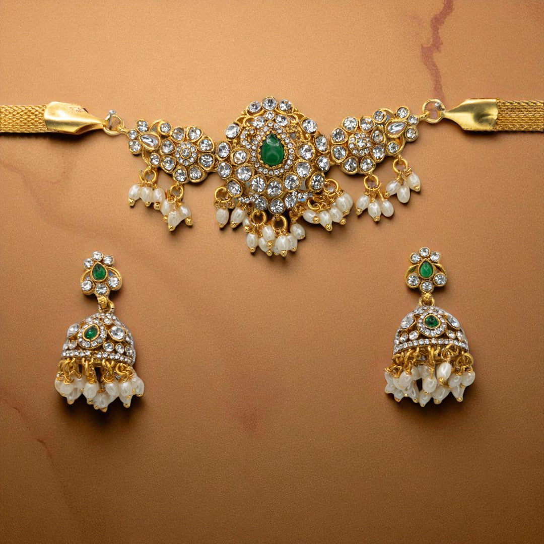 Tempel choker Halskette mit Ohrringe - gold |Grün