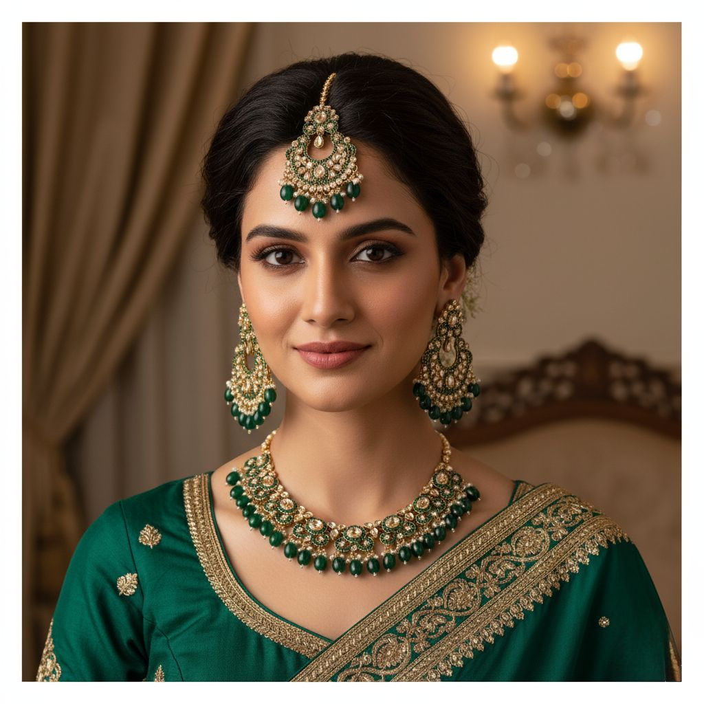 Polki Halskette mit Ohrringe & Tikka - gold | grün